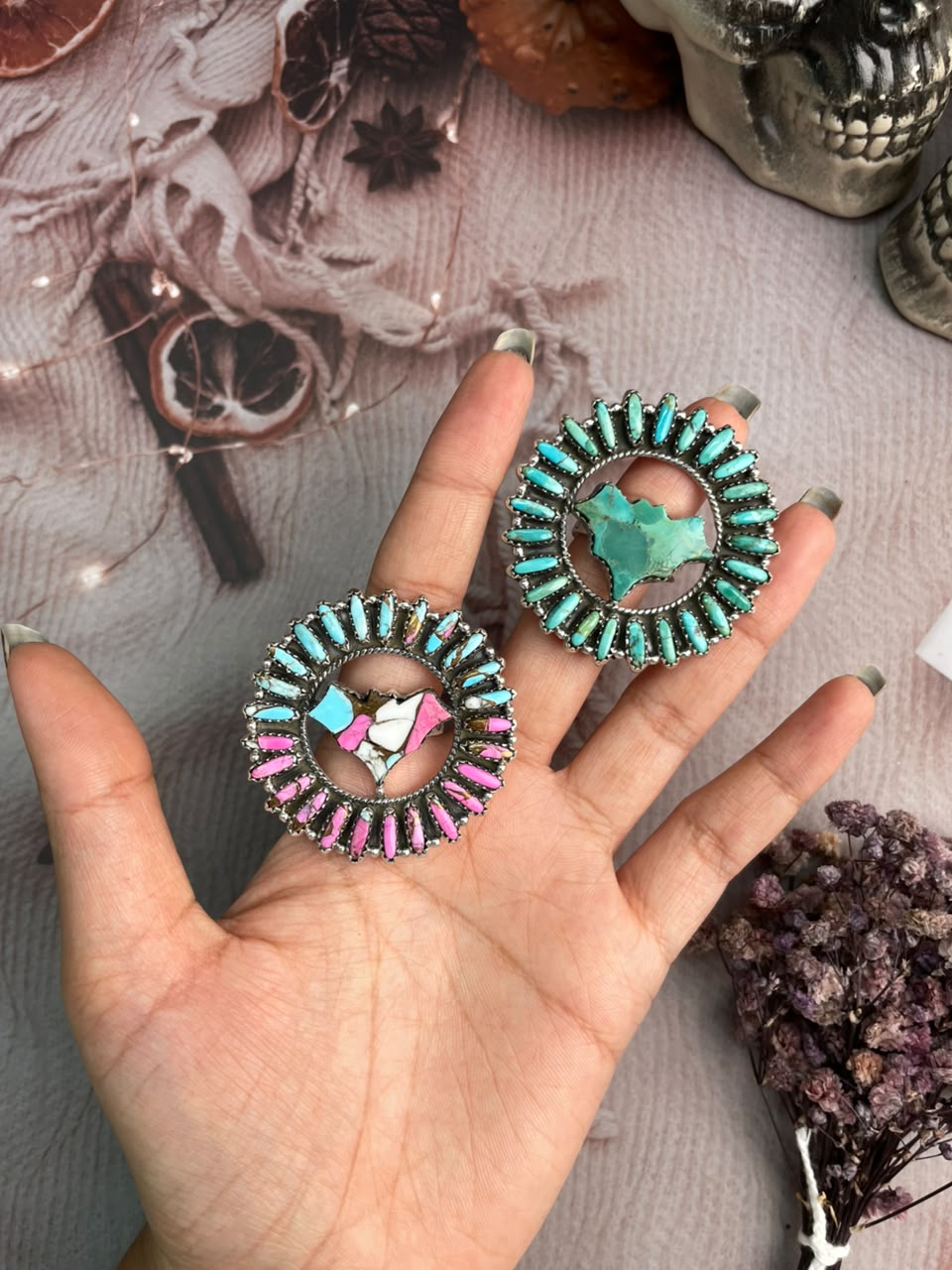 Handmade Sterling Silver Cotton Candy and Kingman Turquoise Halloween Collection: Adjustable Ring Signed Nizhoni