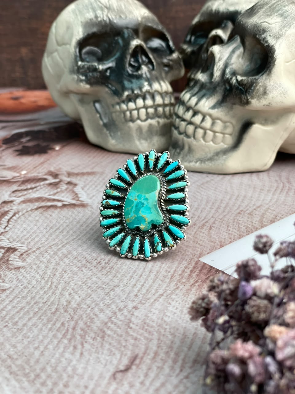 Handmade Sterling Silver Kingman Turquoise Halloween Collection: Adjustable Ring Signed Nizhoni