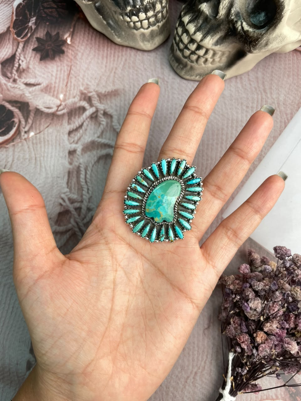 Handmade Sterling Silver Kingman Turquoise Halloween Collection: Adjustable Ring Signed Nizhoni