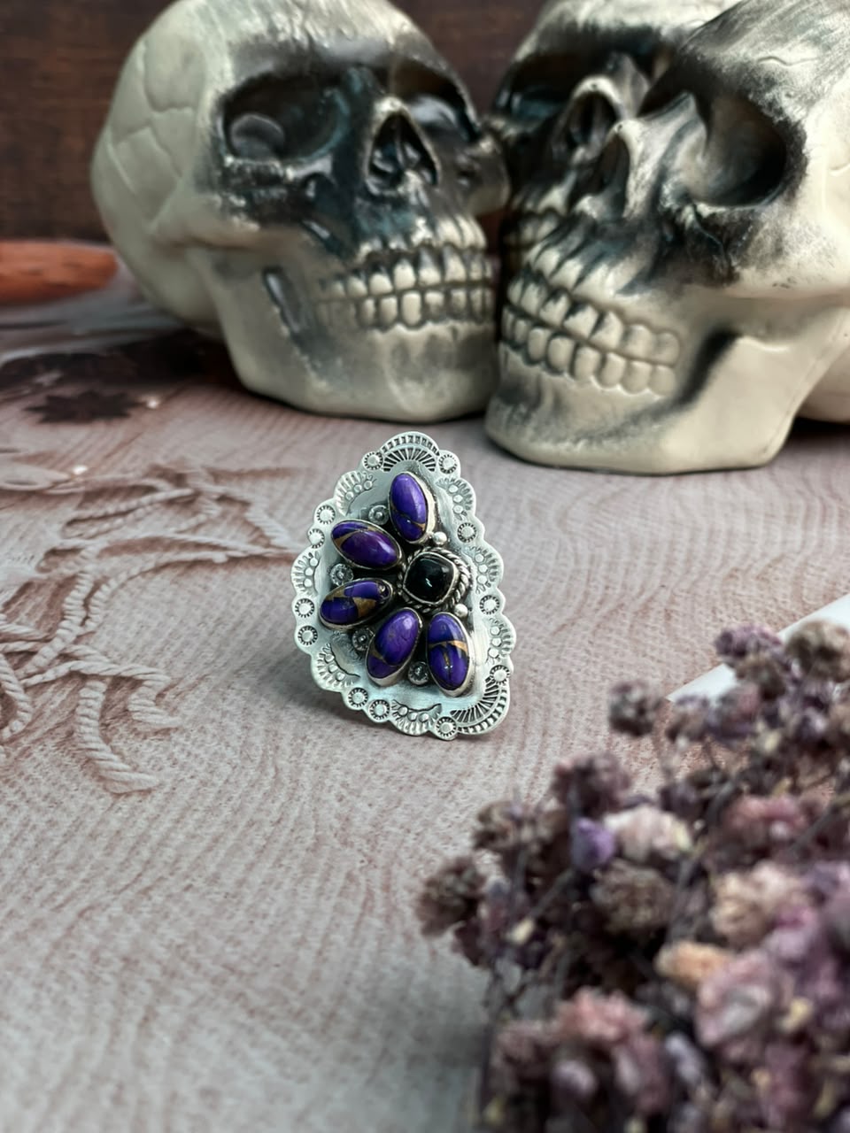 Handmade Sterling Silver Grape Dahlia with Black Onyx Halloween Collection: Adjustable Ring Signed Nizhoni