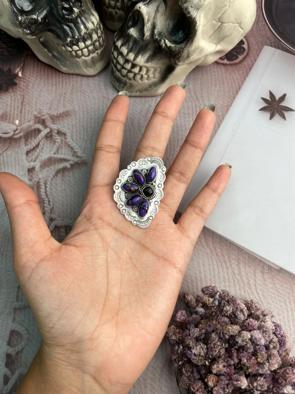 Handmade Sterling Silver Grape Dahlia with Black Onyx Halloween Collection: Adjustable Ring Signed Nizhoni