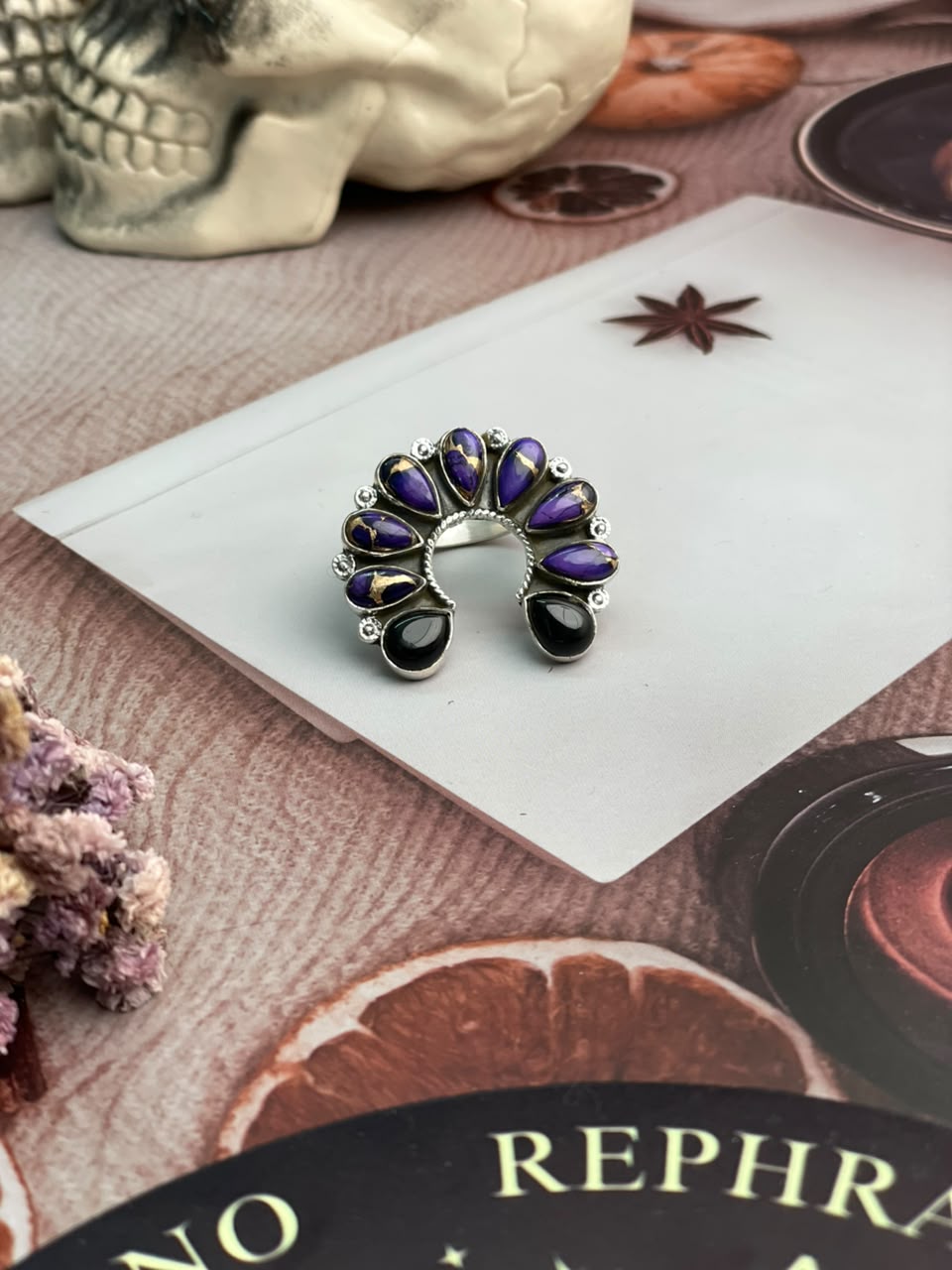 Handmade Sterling Silver Grape Dahlia with Black Onyx Naja Halloween Collection: Adjustable Ring Signed Nizhoni