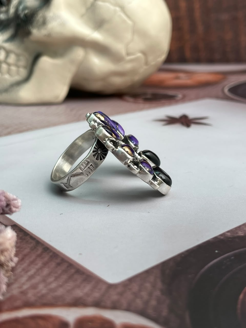 Handmade Sterling Silver Grape Dahlia with Black Onyx Naja Halloween Collection: Adjustable Ring Signed Nizhoni