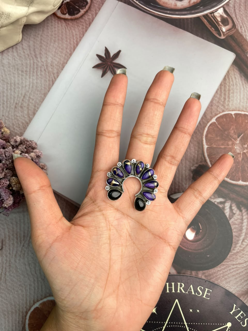 Handmade Sterling Silver Grape Dahlia with Black Onyx Naja Halloween Collection: Adjustable Ring Signed Nizhoni