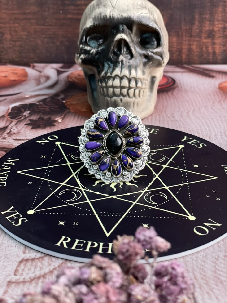 Handmade Sterling Silver Grape Dahlia with Black Onyx  Halloween Collection: Adjustable Ring Signed Nizhoni