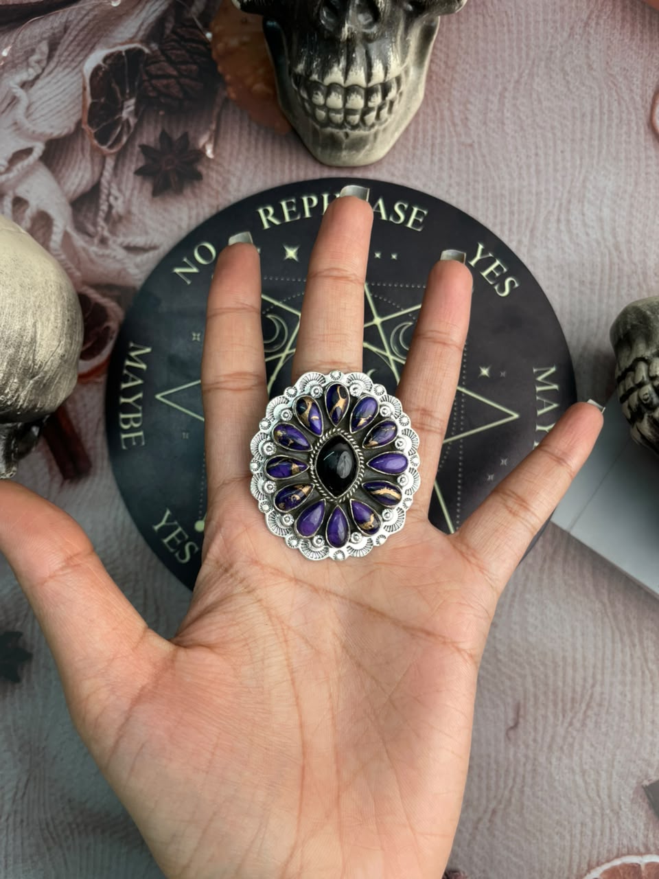 Handmade Sterling Silver Grape Dahlia with Black Onyx  Halloween Collection: Adjustable Ring Signed Nizhoni