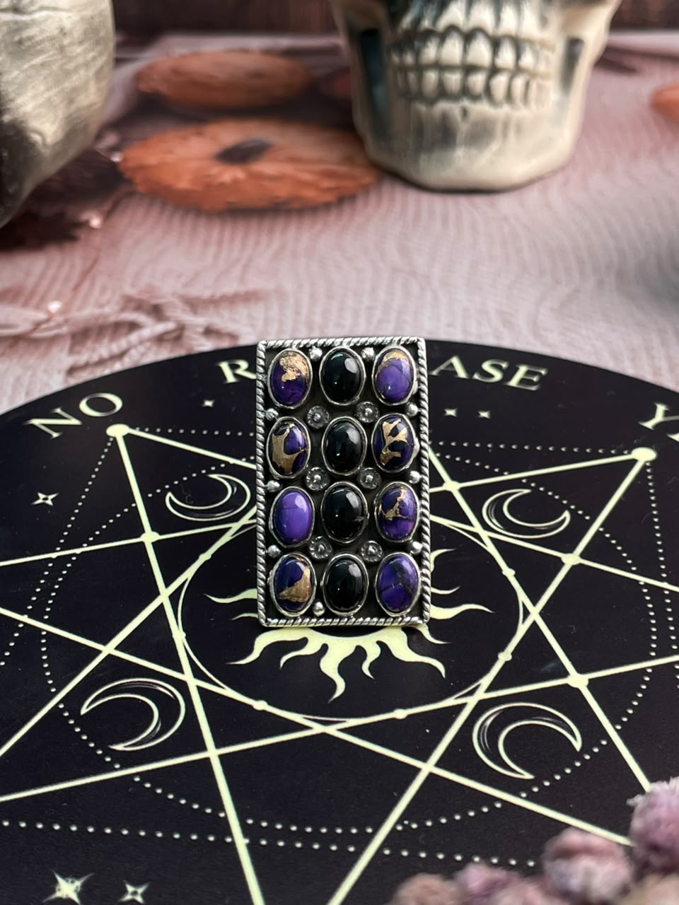 Handmade Sterling Silver Grape Dahlia with Black Onyx Halloween Collection: Adjustable Ring Signed Nizhoni