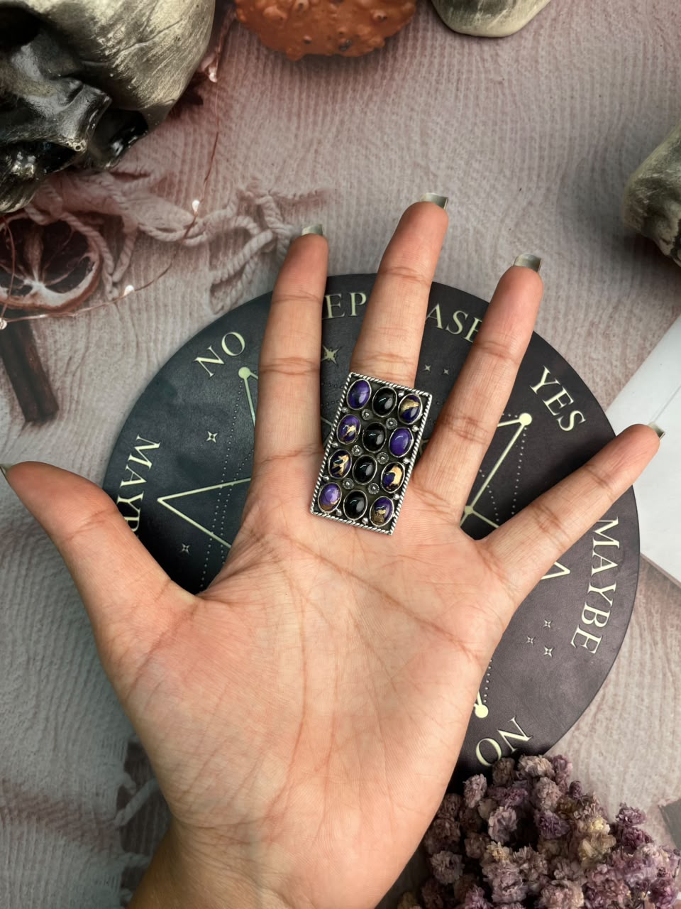 Handmade Sterling Silver Grape Dahlia with Black Onyx Halloween Collection: Adjustable Ring Signed Nizhoni