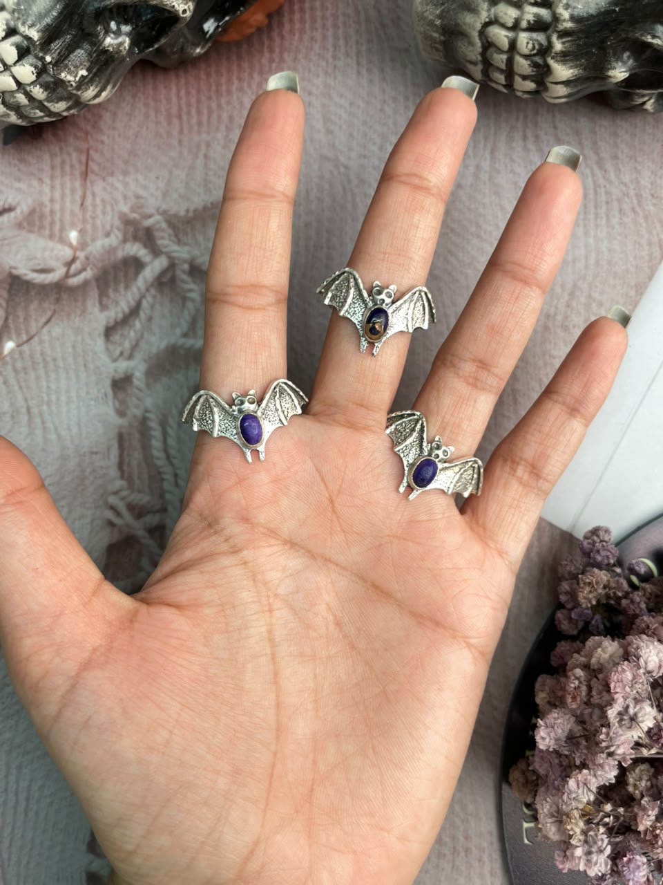Handmade Sterling Silver Grape Dahlia Halloween Collection: Adjustable Ring Signed Nizhoni