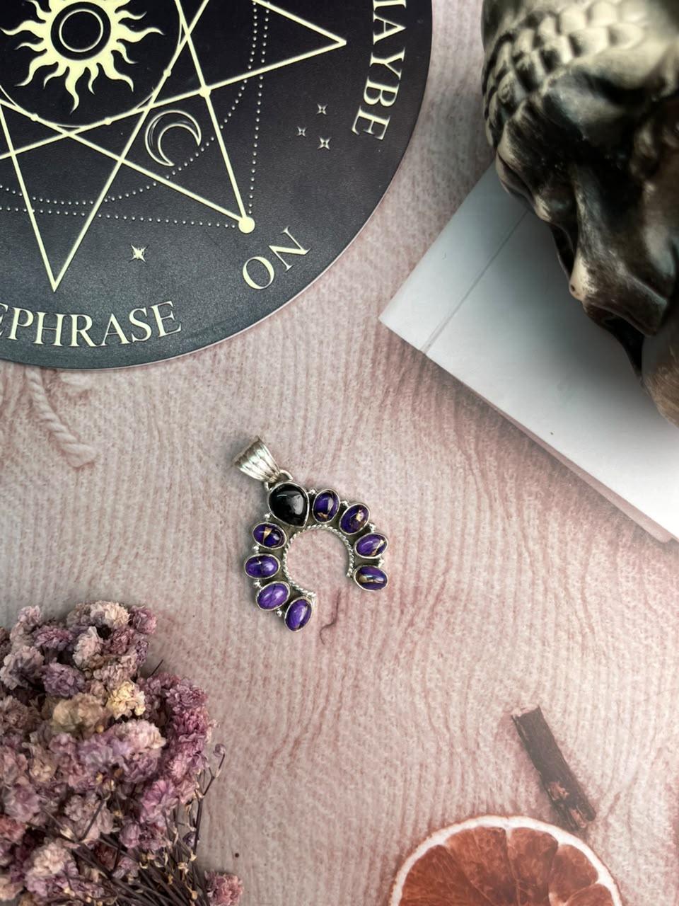 Handmade Sterling Silver Grape Dahlia with Black Onyx Halloween Collection: Naja Pendant Signed Nizhoni
