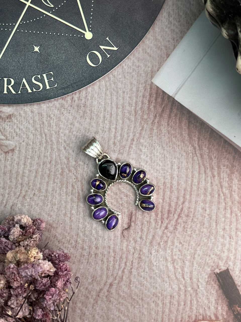 Handmade Sterling Silver Grape Dahlia with Black Onyx Halloween Collection: Naja Pendant Signed Nizhoni