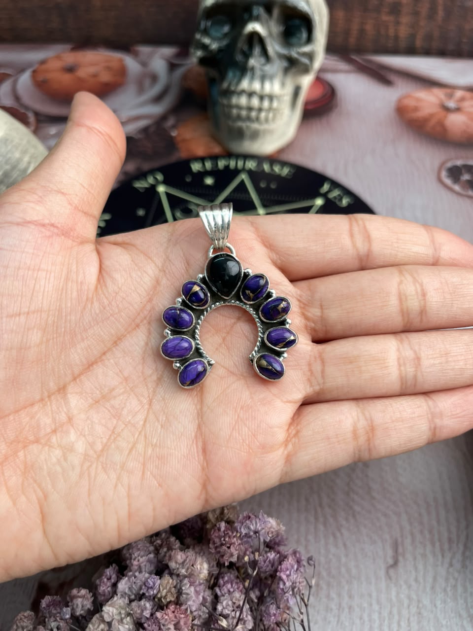 Handmade Sterling Silver Grape Dahlia with Black Onyx Halloween Collection: Naja Pendant Signed Nizhoni