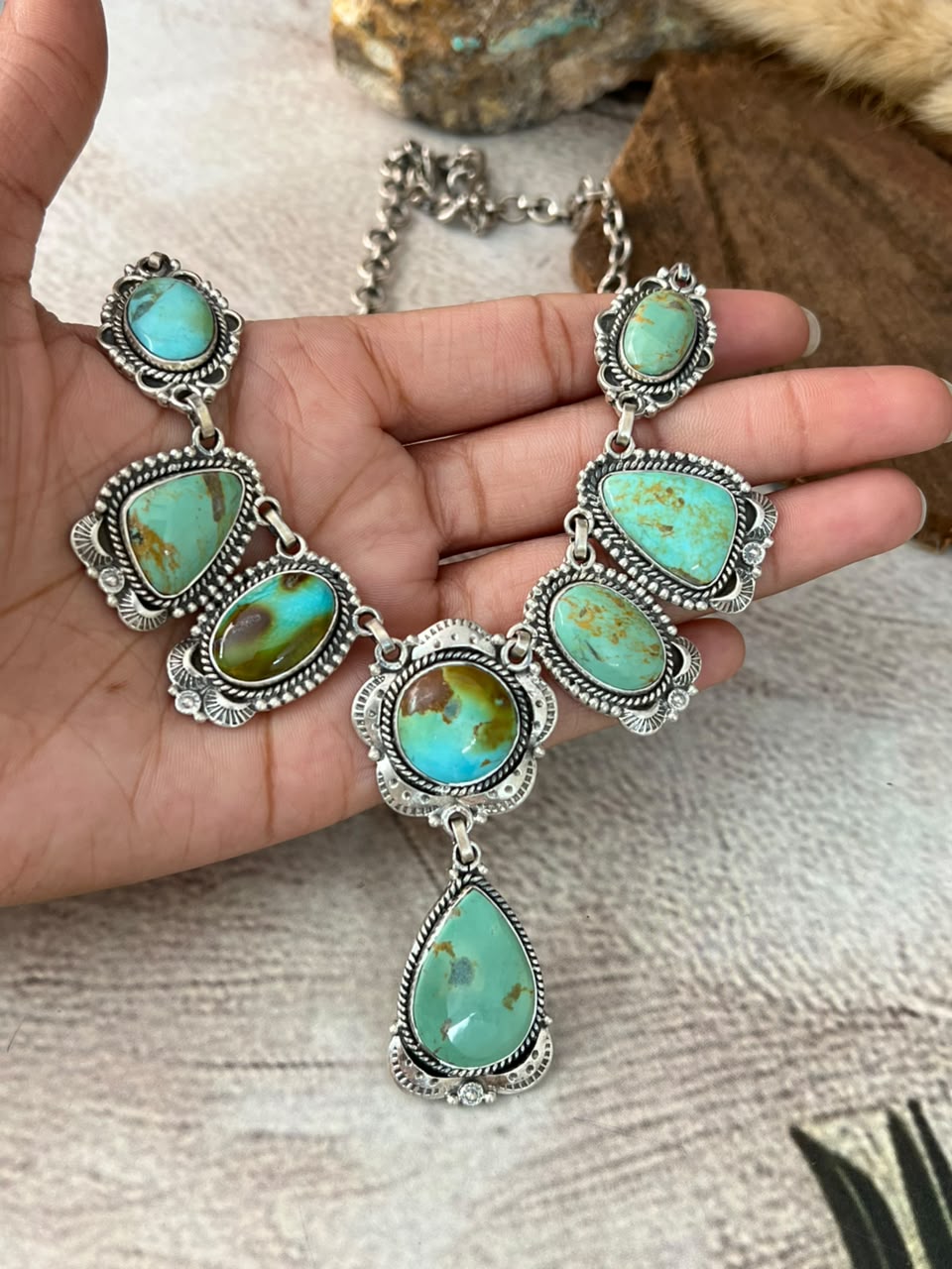Handmade Sterling Silver Carico Lake Turquoise Necklace Signed Nizhoni
