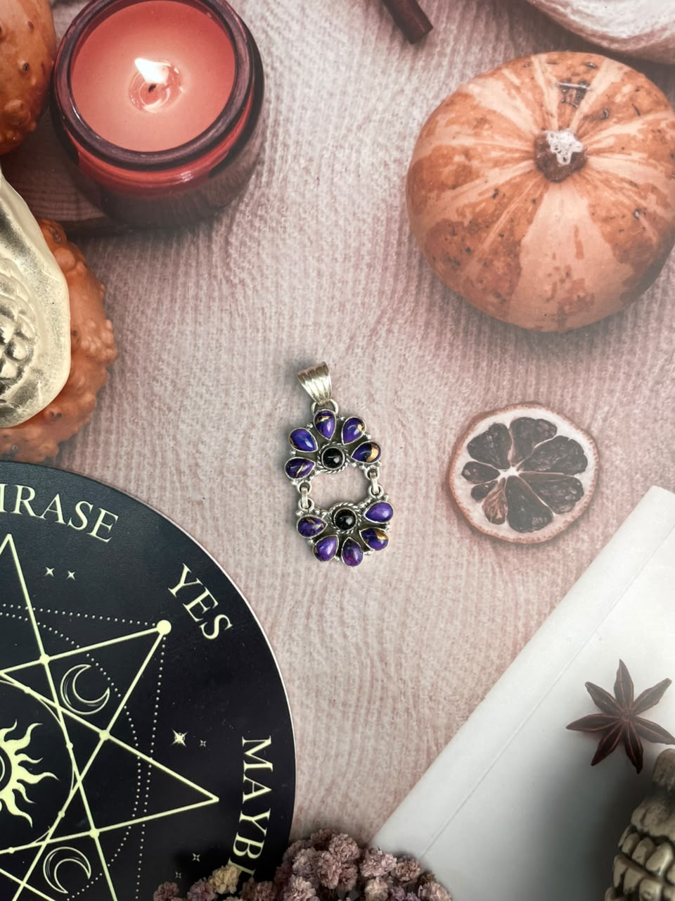 Handmade Sterling Silver Grape Dahlia with Black Onyx Halloween Collection: Pendant Signed Nizhoni