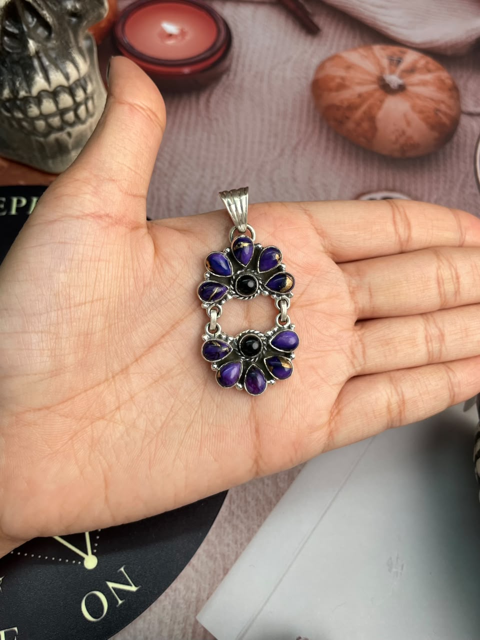 Handmade Sterling Silver Grape Dahlia with Black Onyx Halloween Collection: Pendant Signed Nizhoni