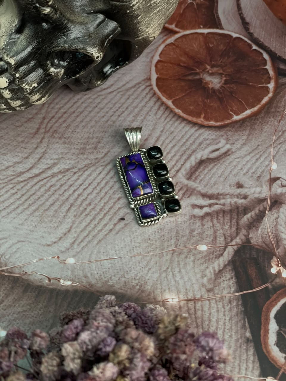 Handmade Sterling Silver Grape Dahlia with Black Onyx Halloween Collection: Pendant Signed Nizhoni
