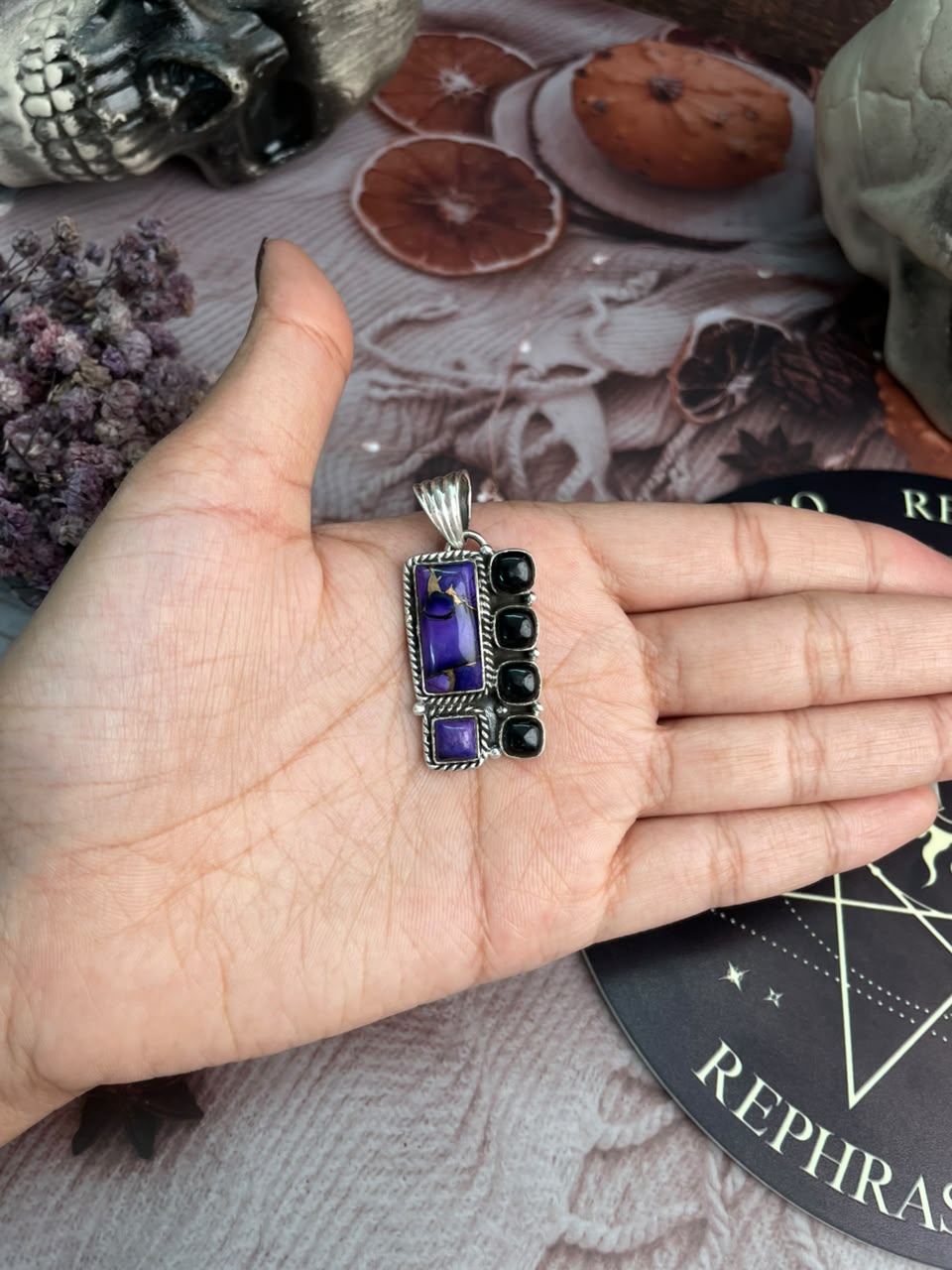 Handmade Sterling Silver Grape Dahlia with Black Onyx Halloween Collection: Pendant Signed Nizhoni
