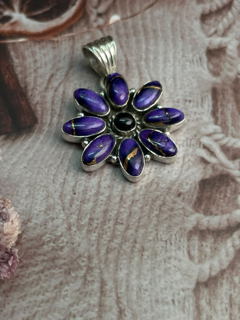 Handmade Sterling Silver Grape Dahlia with Black Onyx Halloween Collection: Pendant Signed Nizhoni
