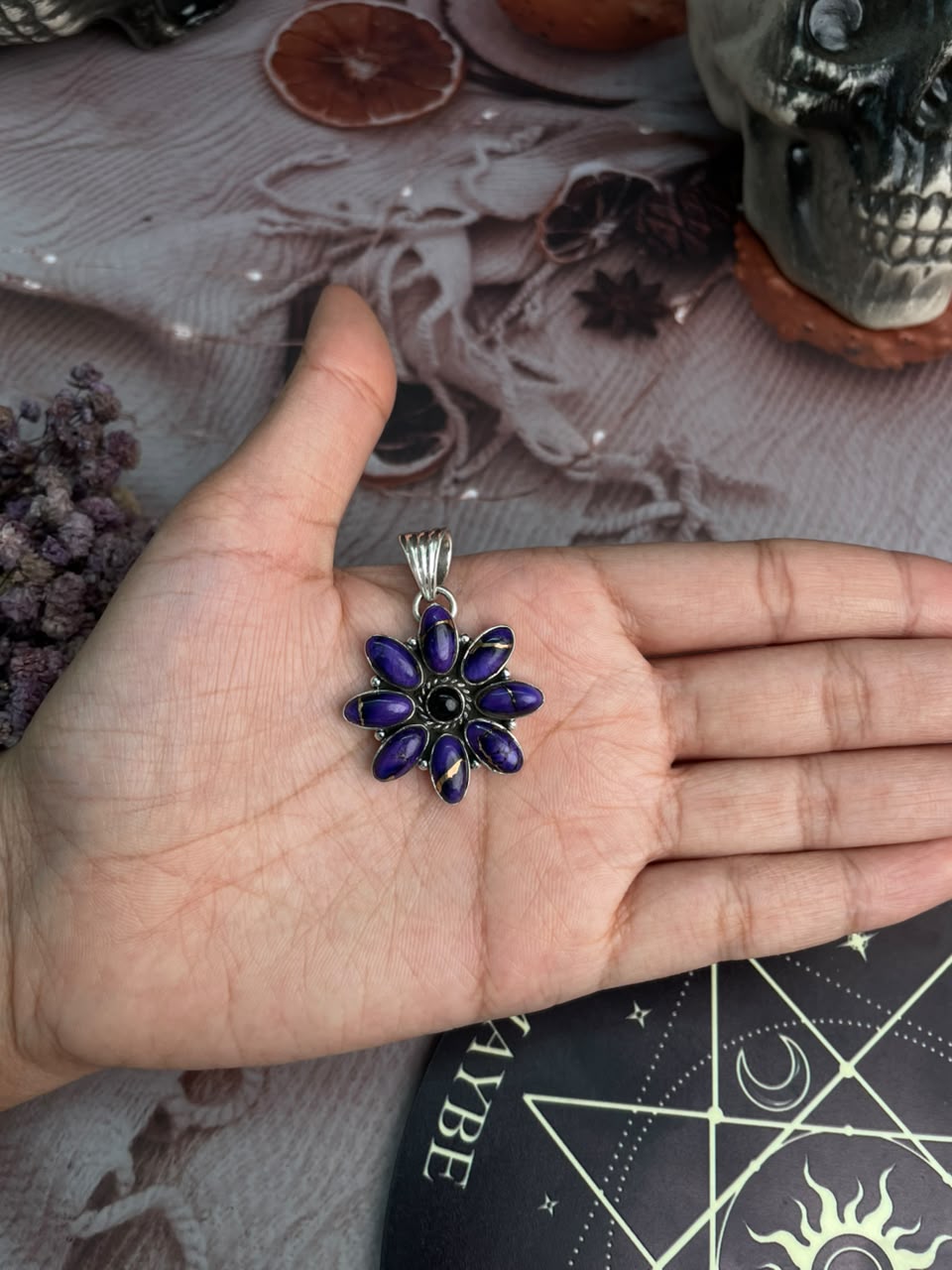 Handmade Sterling Silver Grape Dahlia with Black Onyx Halloween Collection: Pendant Signed Nizhoni