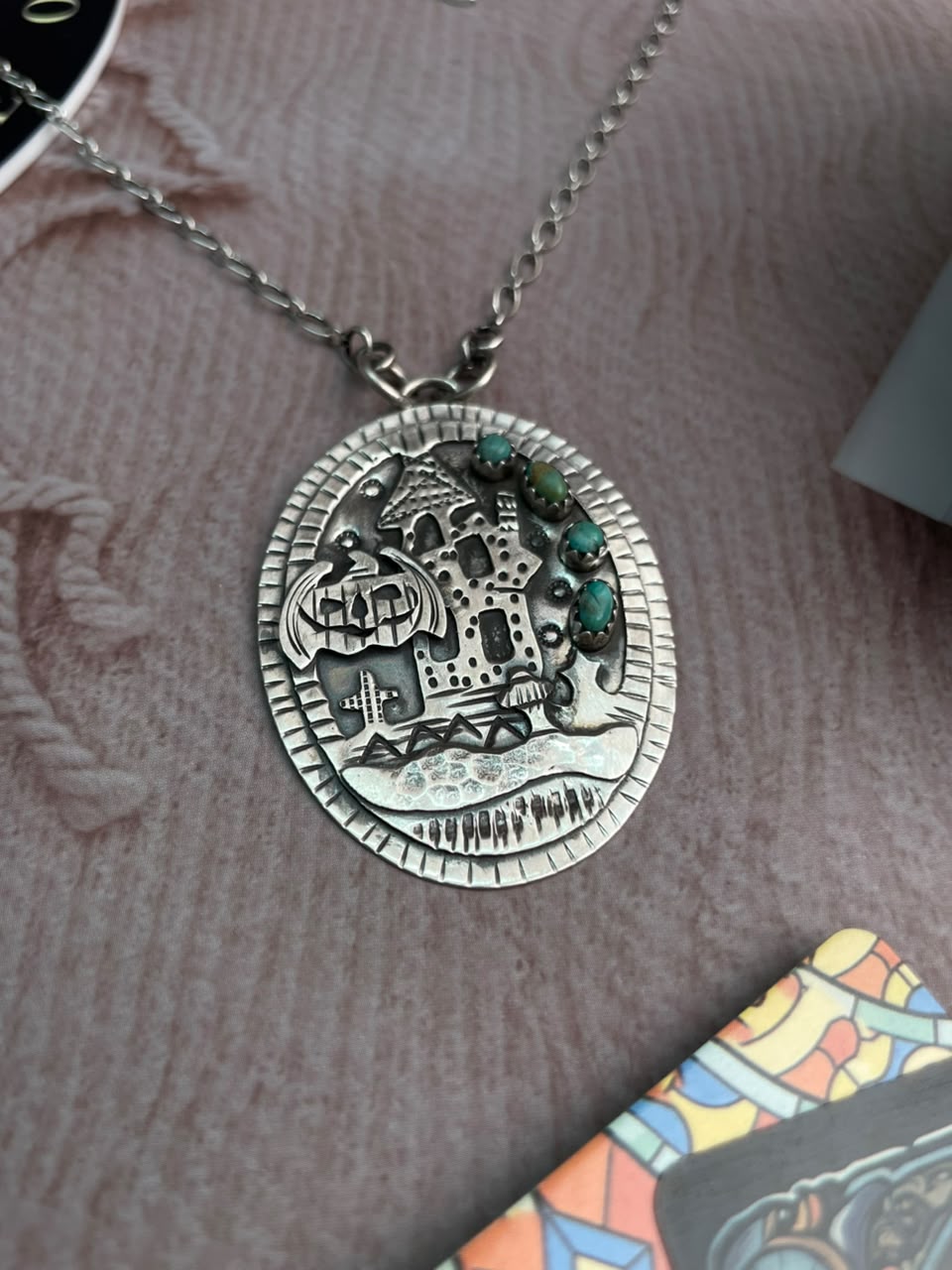 Handmade Sterling Silver Kingman Turquoise Halloween Collection: Necklace Signed Nizhoni