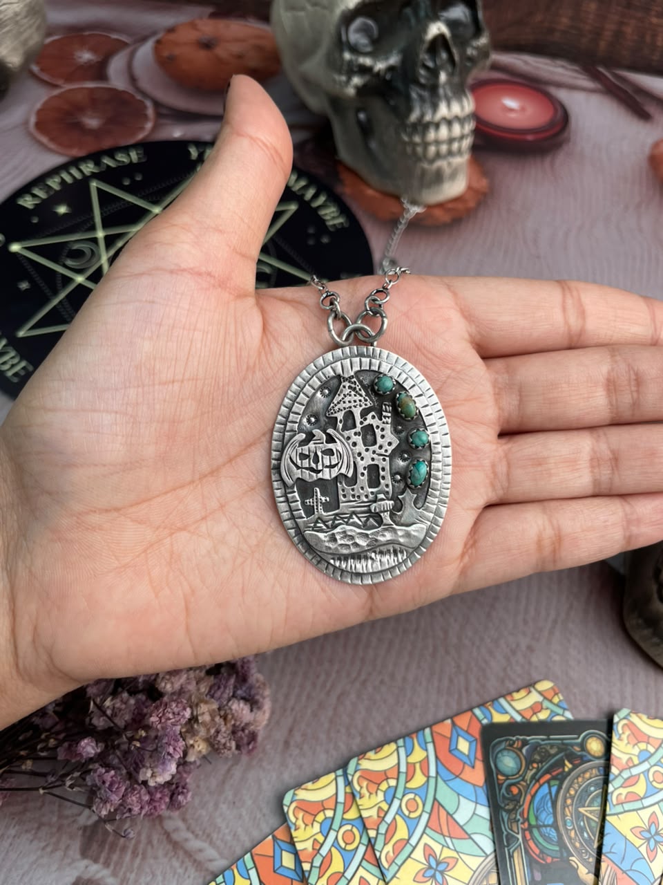 Handmade Sterling Silver Kingman Turquoise Halloween Collection: Necklace Signed Nizhoni