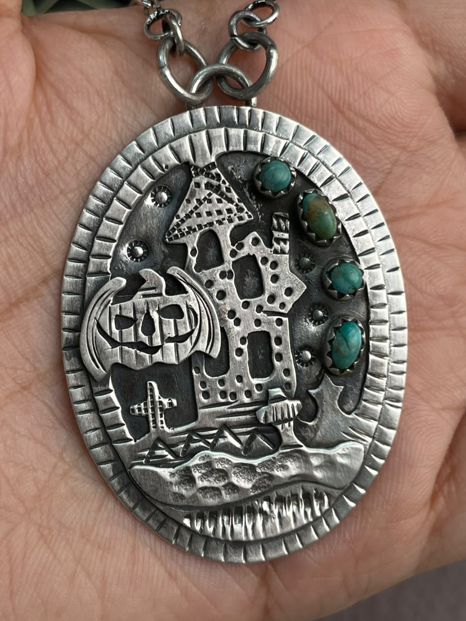 Handmade Sterling Silver Kingman Turquoise Halloween Collection: Necklace Signed Nizhoni