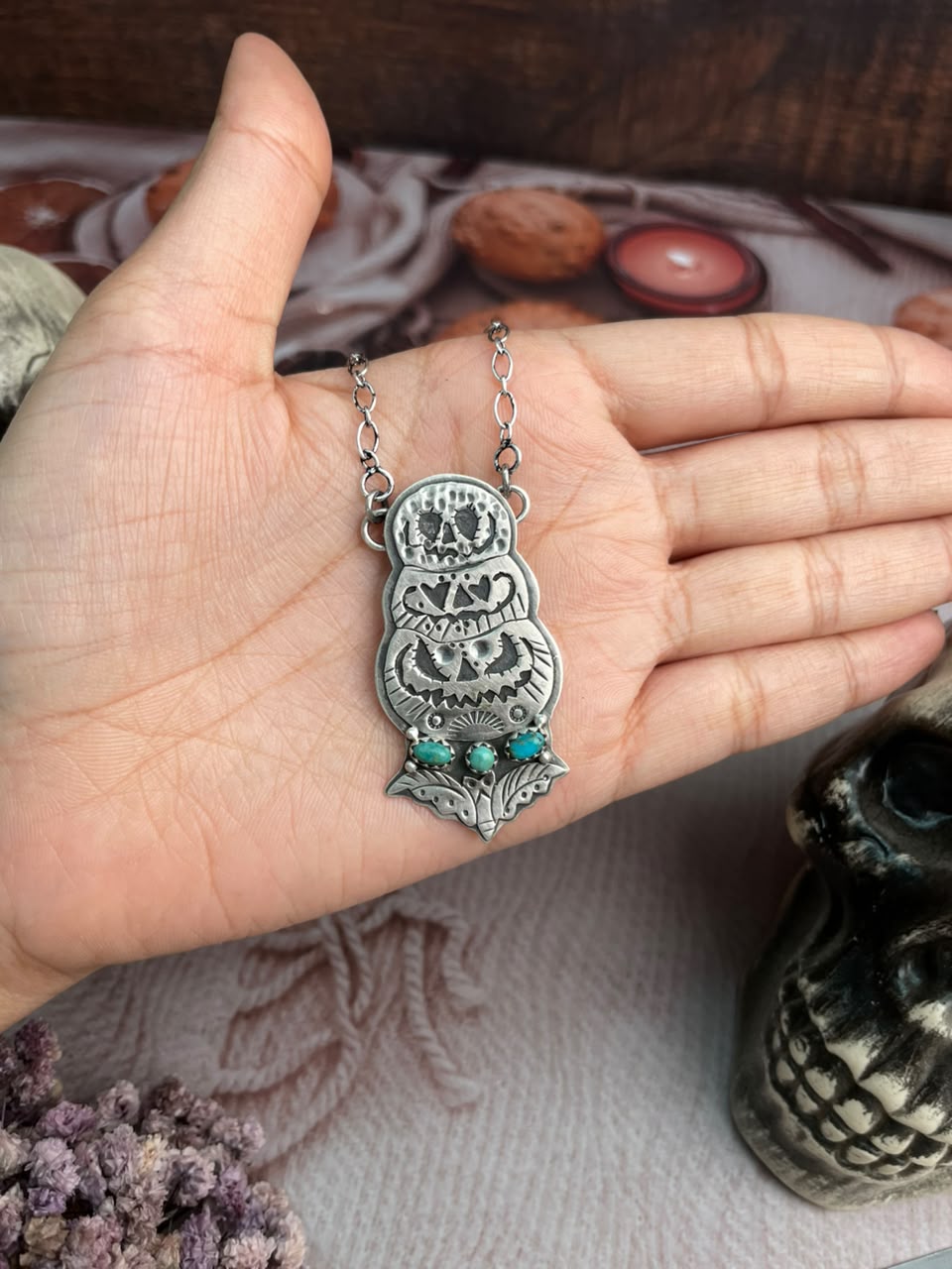Handmade Sterling Silver Kingman Turquoise Halloween Collection: Necklace Signed Nizhoni