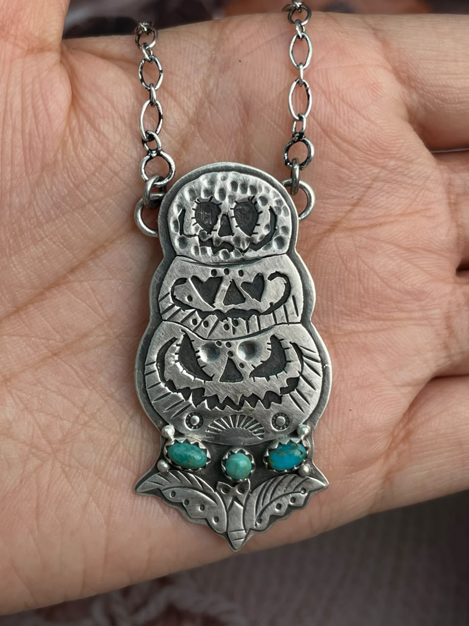 Handmade Sterling Silver Kingman Turquoise Halloween Collection: Necklace Signed Nizhoni