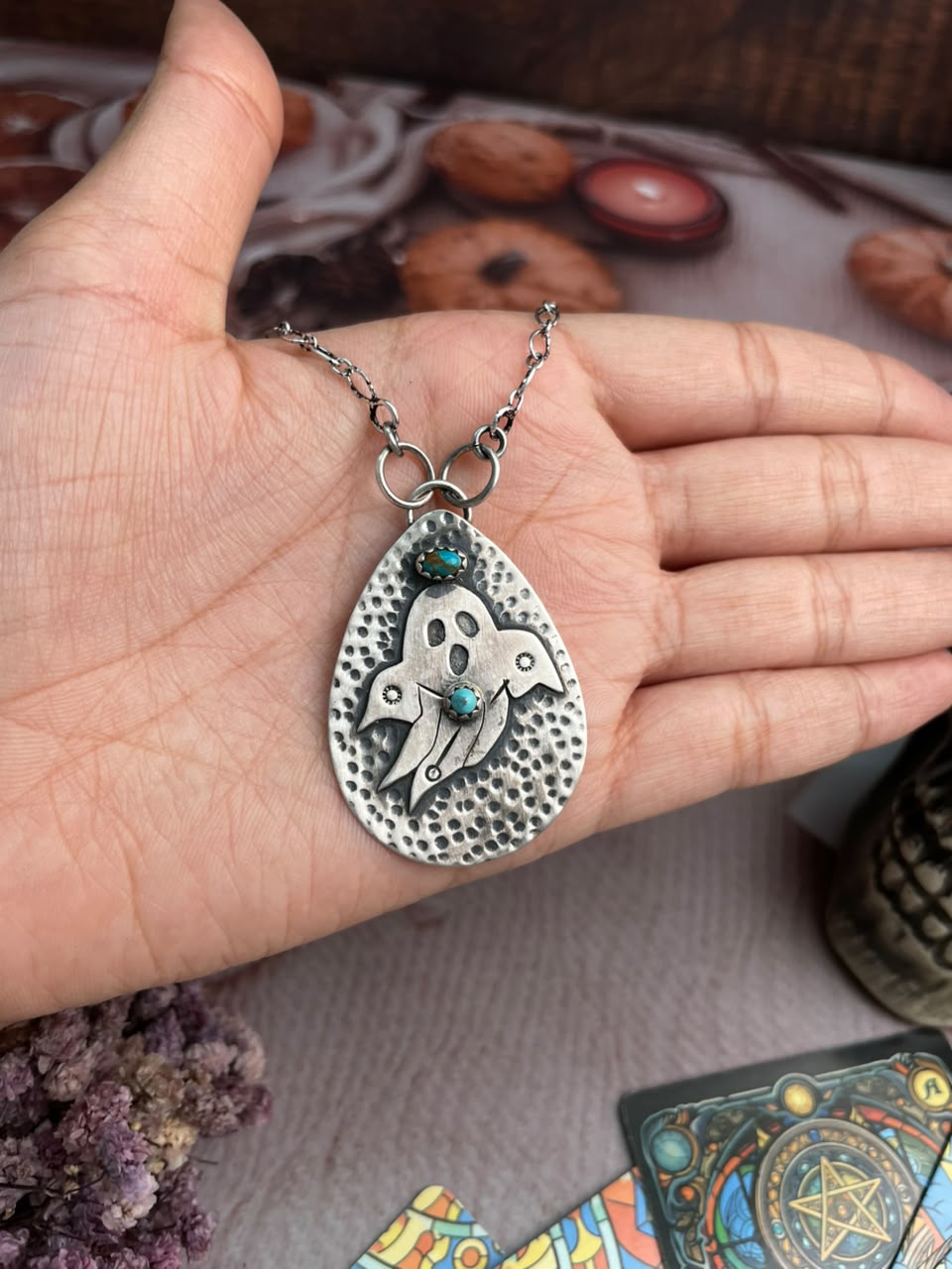 Handmade Sterling Silver Kingman Turquoise Halloween Collection: Necklace Signed Nizhoni