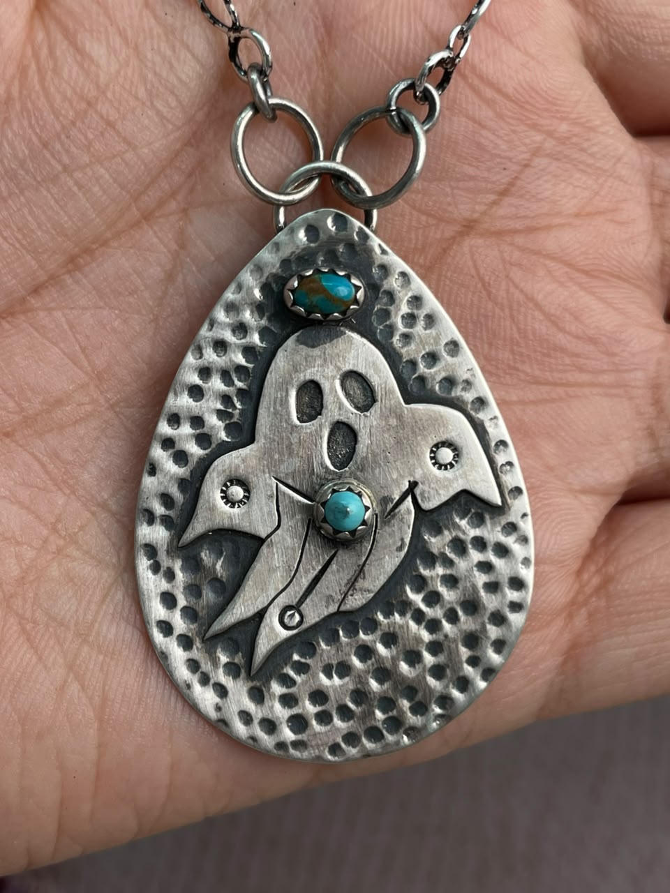 Handmade Sterling Silver Kingman Turquoise Halloween Collection: Necklace Signed Nizhoni