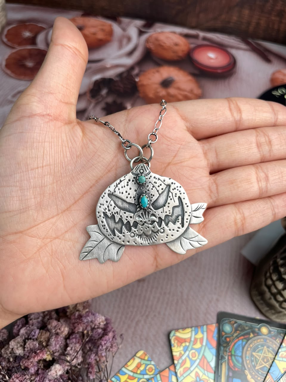 Handmade Sterling Silver Kingman Turquoise Halloween Collection: Necklace Signed Nizhoni