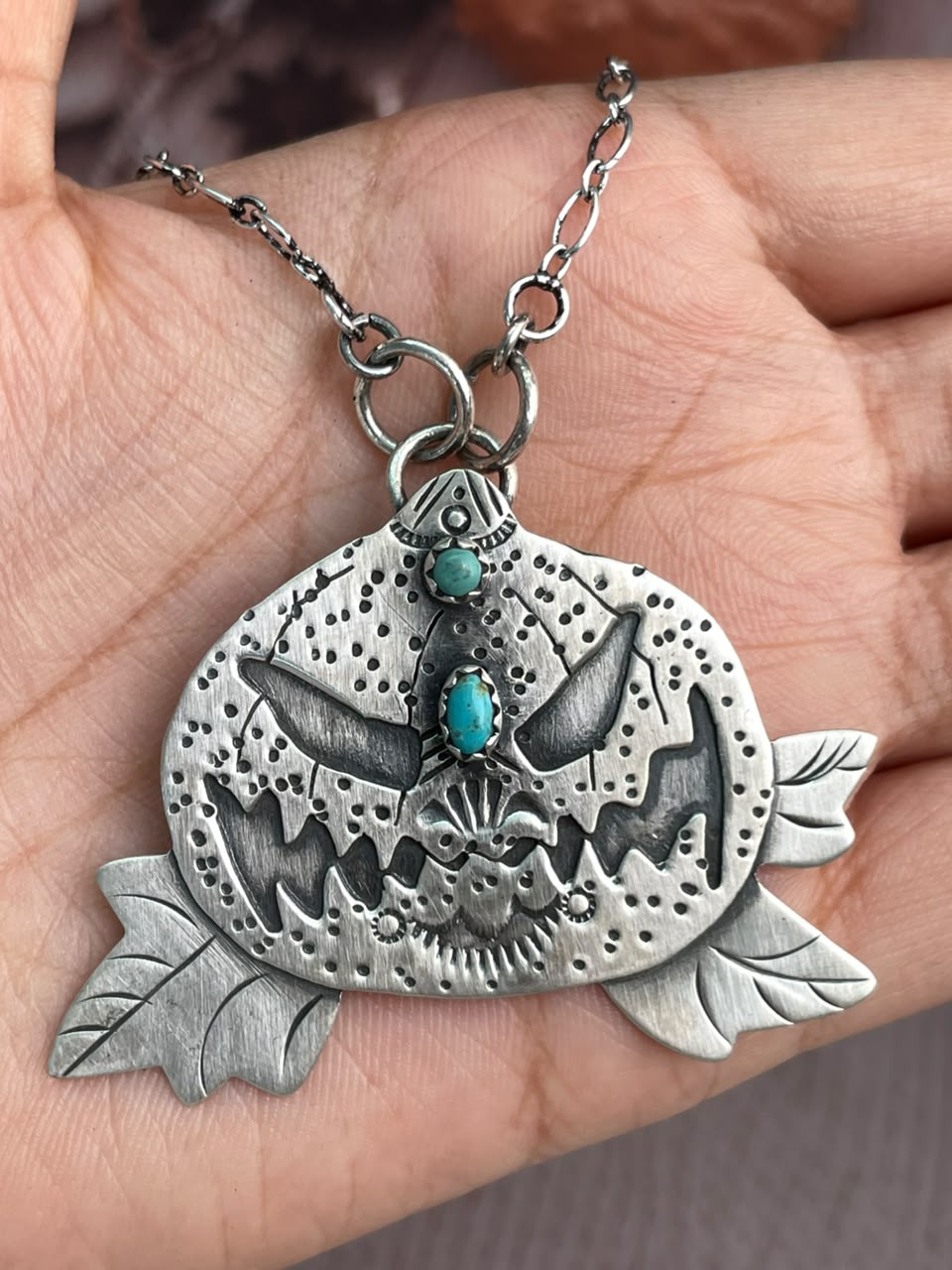 Handmade Sterling Silver Kingman Turquoise Halloween Collection: Necklace Signed Nizhoni