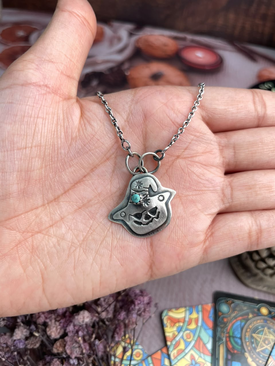 Handmade Sterling Silver Kingman Turquoise Halloween Collection: Necklace Signed Nizhoni