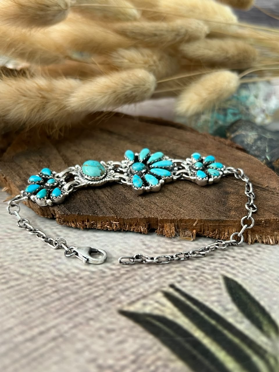 Handmade Sterling Silver Kingman Turquoise Chain Bracelet Signed Nizhoni (6)