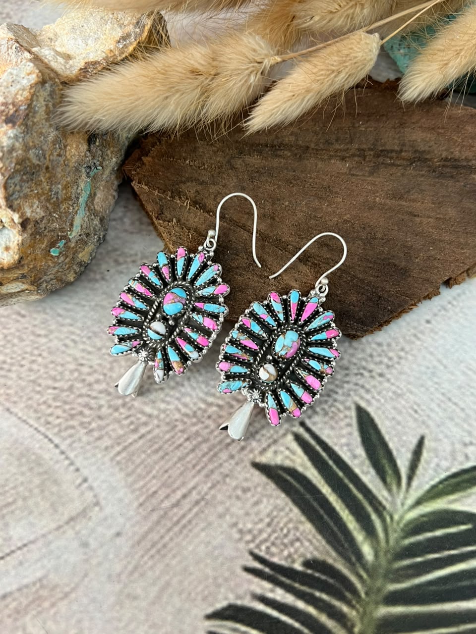 Handmade Sterling Silver Cotton Candy Hook Dangle Squash Blossom Earrings Signed Nizhoni