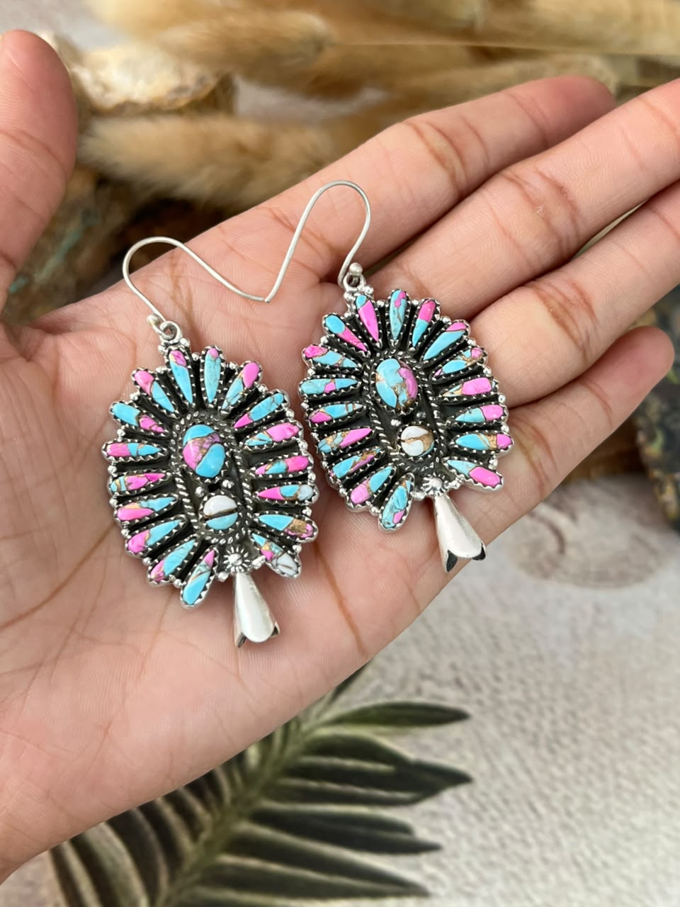 Handmade Sterling Silver Cotton Candy Hook Dangle Squash Blossom Earrings Signed Nizhoni