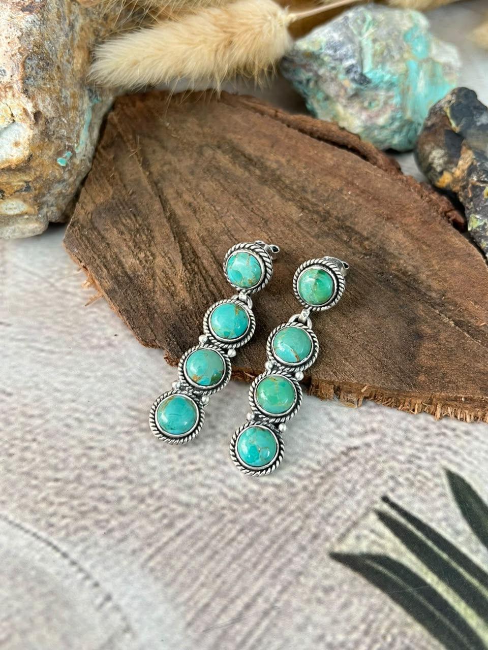Handmade Sterling Silver Kingman Turquoise Post Dangle Earrings Signed Nizhoni