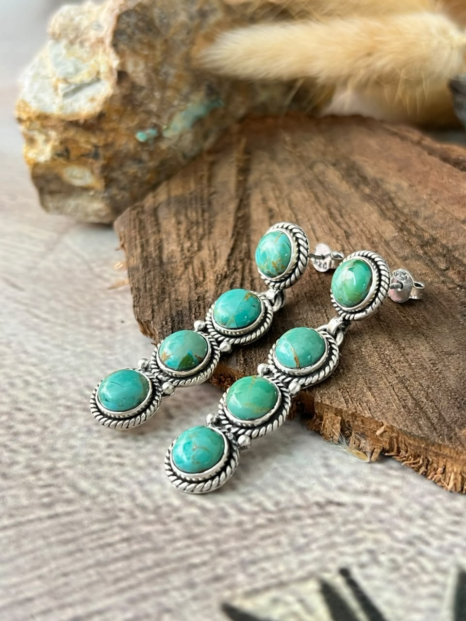 Handmade Sterling Silver Kingman Turquoise Post Dangle Earrings Signed Nizhoni