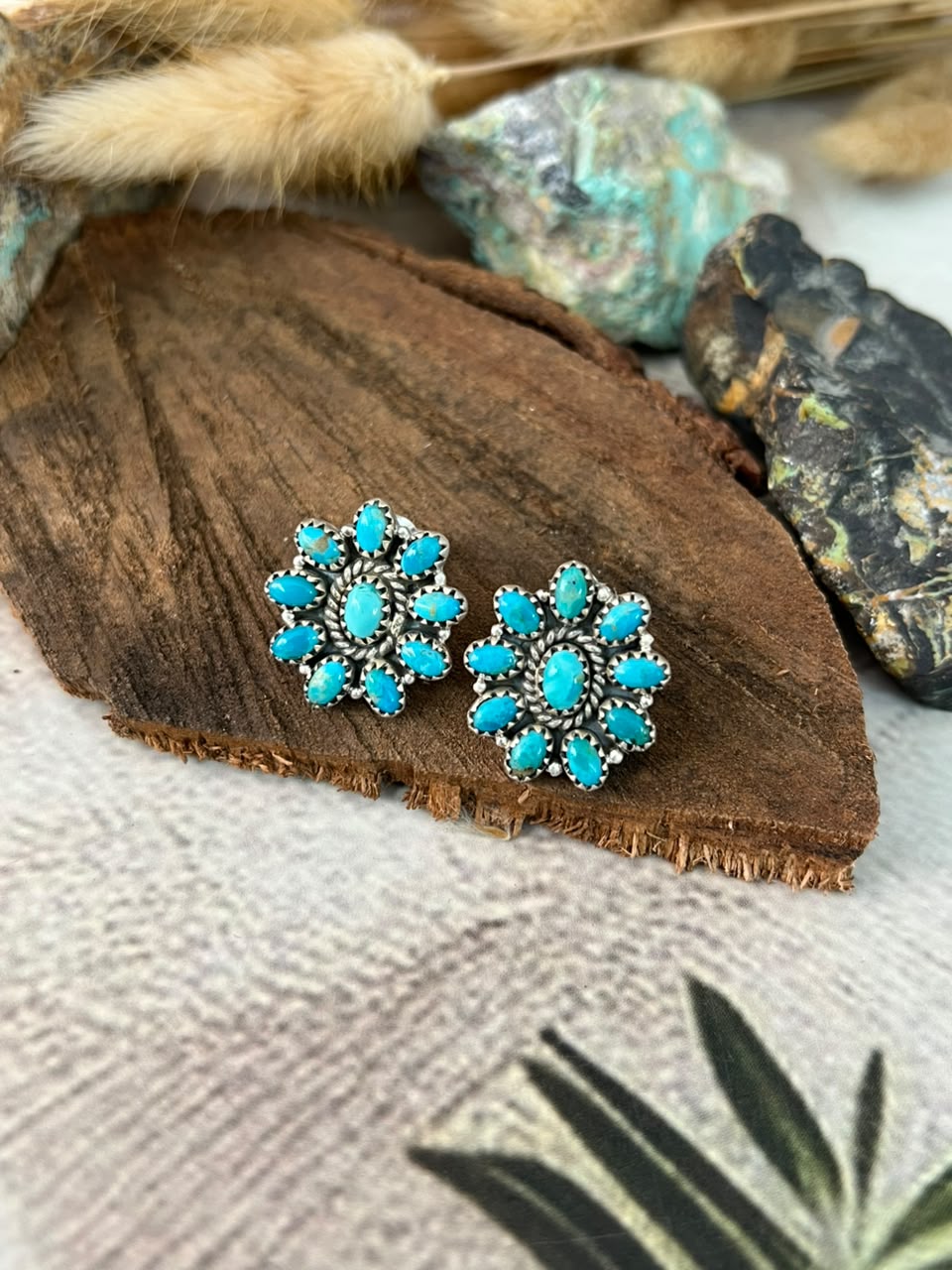 Handmade Sterling Silver Kingman Turquoise Post Studs Earrings Signed Nizhoni