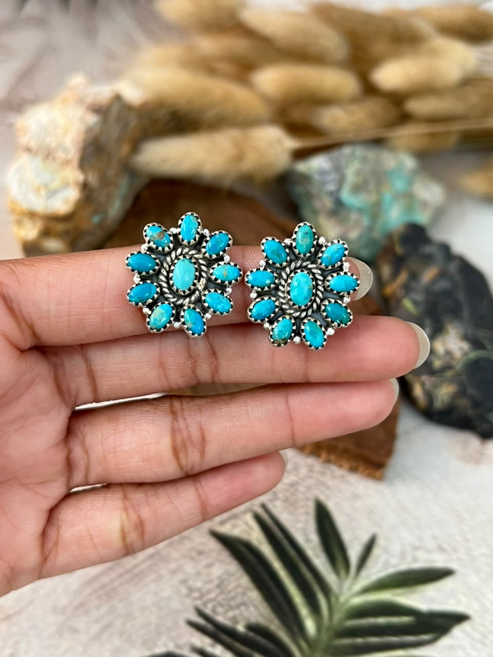 Handmade Sterling Silver Kingman Turquoise Post Studs Earrings Signed Nizhoni