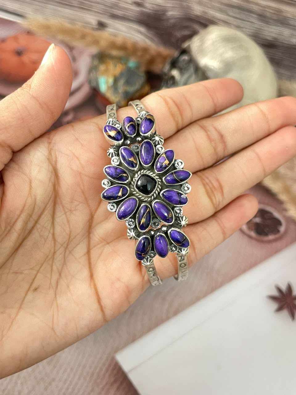Handmade Sterling Silver Grape Dahlia with Black Onyx Halloween Collection: Cuff Bracelet Signed Nizhoni