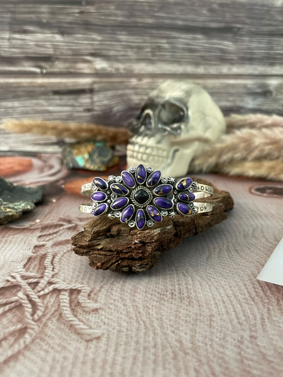 Handmade Sterling Silver Grape Dahlia with Black Onyx Halloween Collection: Cuff Bracelet Signed Nizhoni