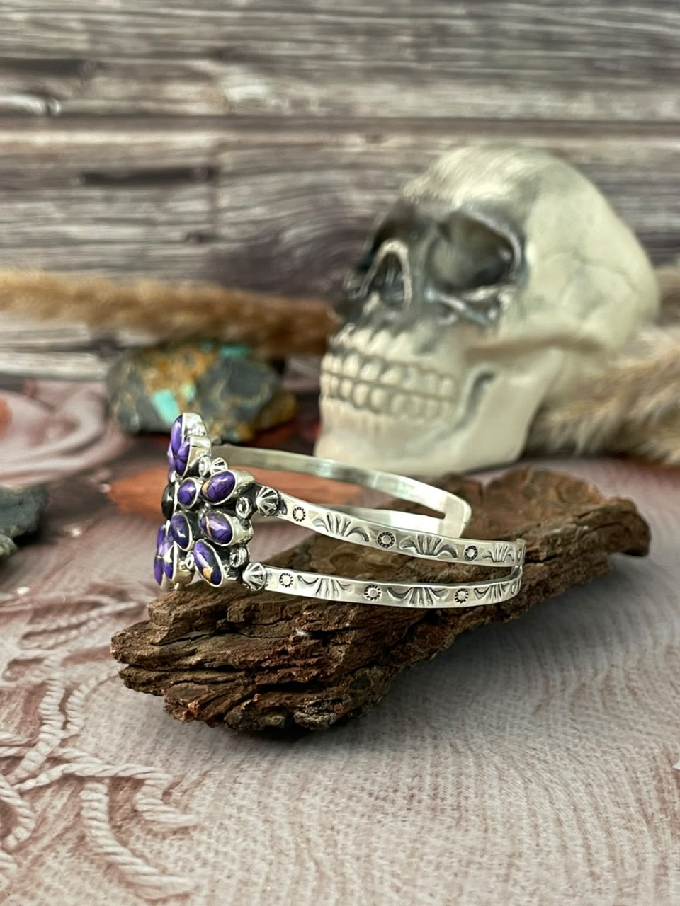 Handmade Sterling Silver Grape Dahlia with Black Onyx Halloween Collection: Cuff Bracelet Signed Nizhoni