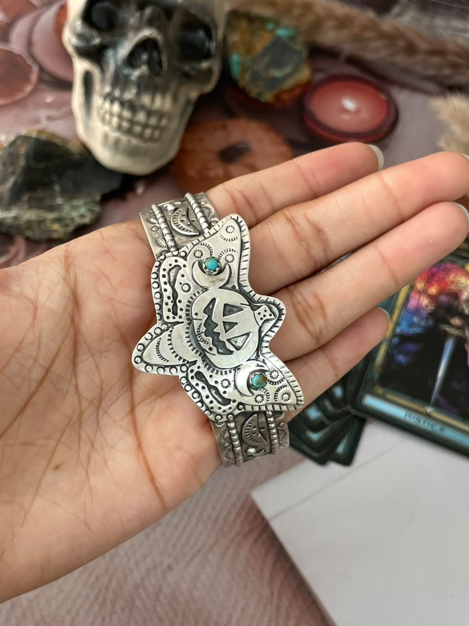 Handmade Sterling Silver Kingman Turquoise Halloween Collection: Cuff Bracelet Signed Nizhoni