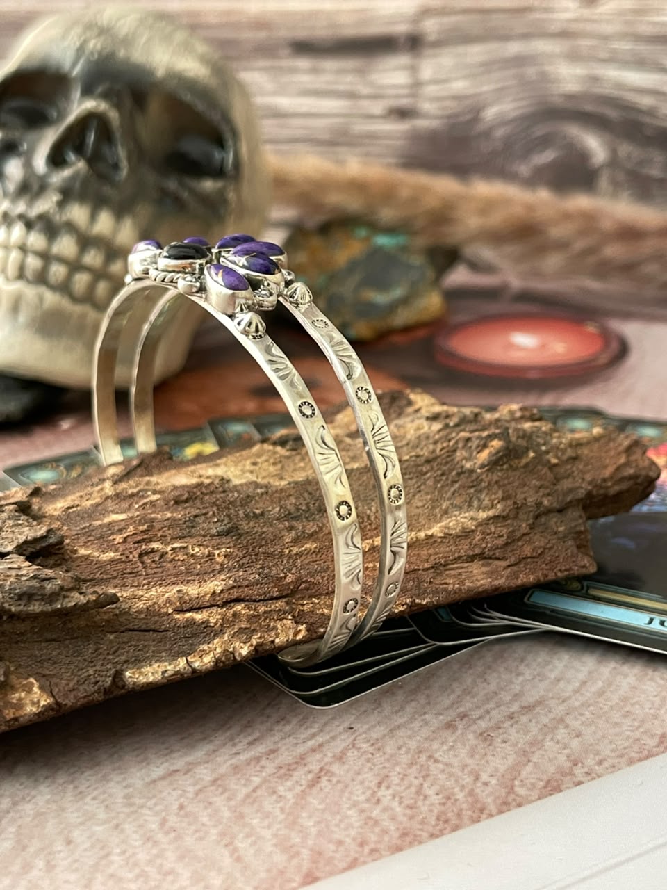 Handmade Sterling Silver Grape Dahlia with Black Onyx Halloween Collection: Cuff Bracelet Signed Nizhoni