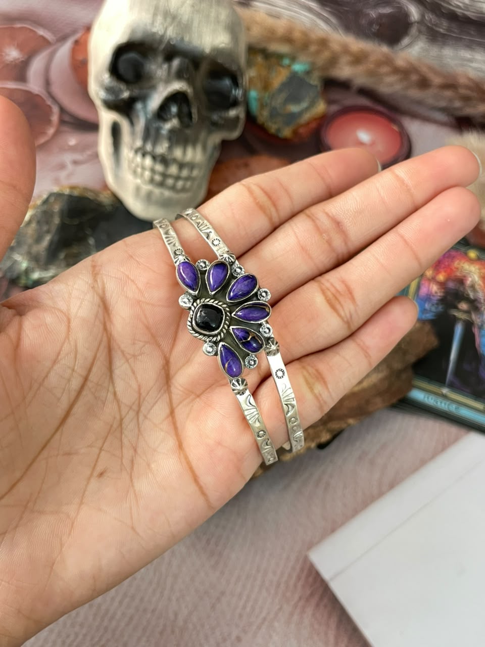 Handmade Sterling Silver Grape Dahlia with Black Onyx Halloween Collection: Cuff Bracelet Signed Nizhoni