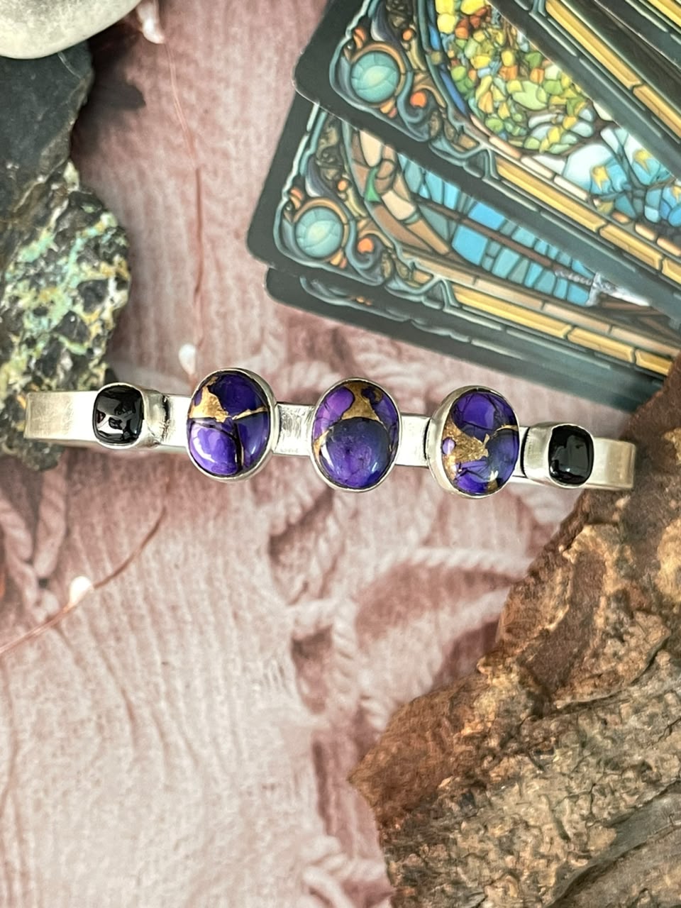 Handmade Sterling Silver Grape Dahlia with Black Onyx Halloween Collection: Cuff Bracelet Signed Nizhoni