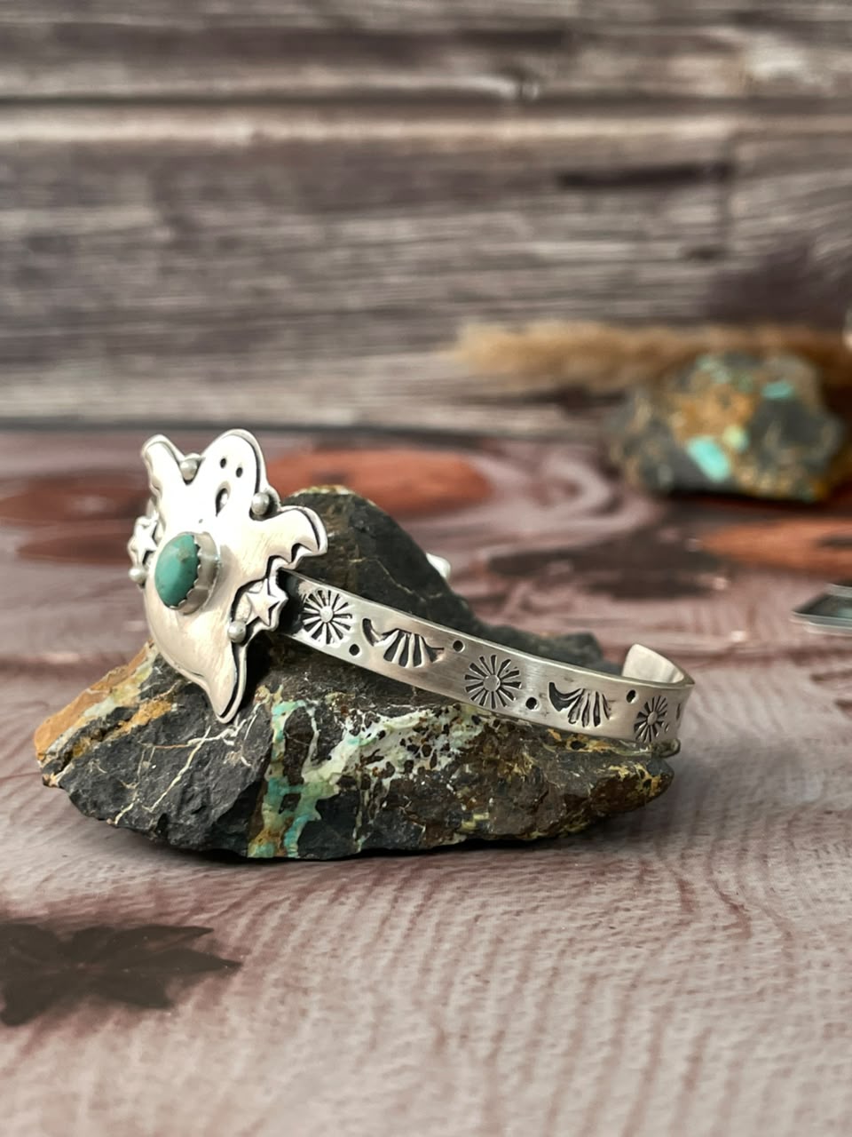 Handmade Sterling Silver Kingman Turquoise Halloween Collection: Cuff Bracelet Signed Nizhoni