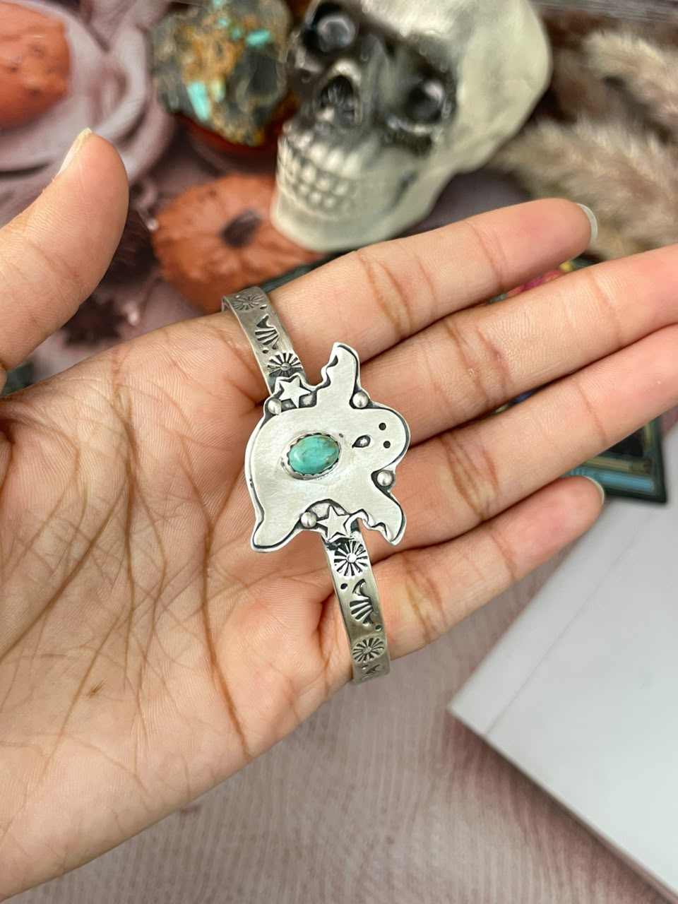 Handmade Sterling Silver Kingman Turquoise Halloween Collection: Cuff Bracelet Signed Nizhoni