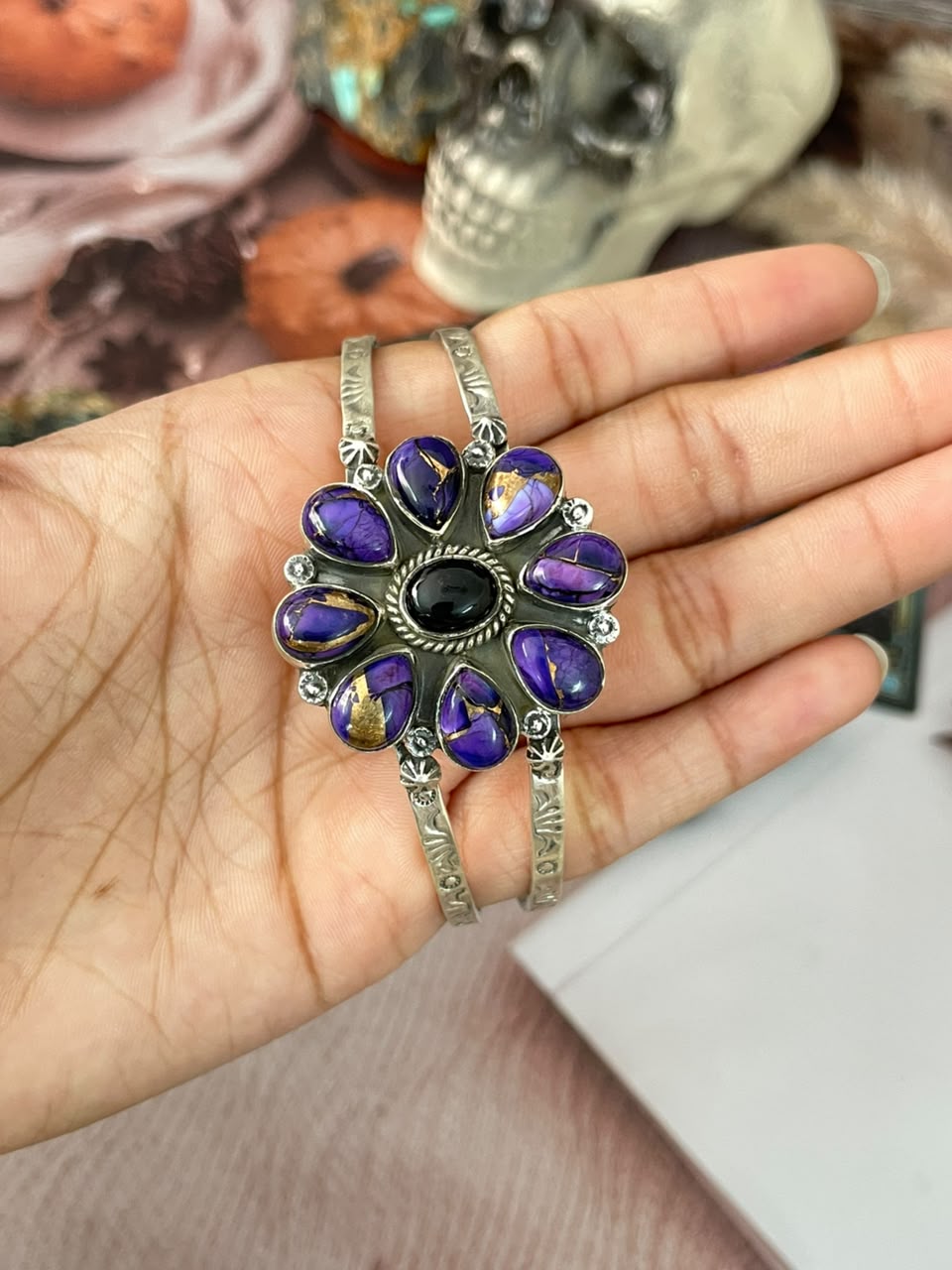 Handmade Sterling Silver Grape Dahlia with Black Onyx Halloween Collection: Cuff Bracelet Signed Nizhoni